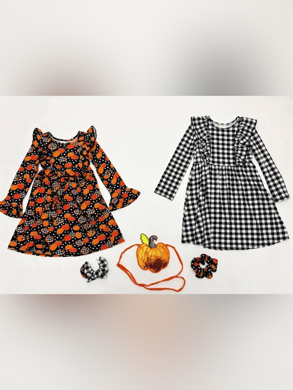 Rare Too 5 Pc Set 2 Fall Dresses Scrunchies Gold Sequin Pumpkin Bag NWT Size 6